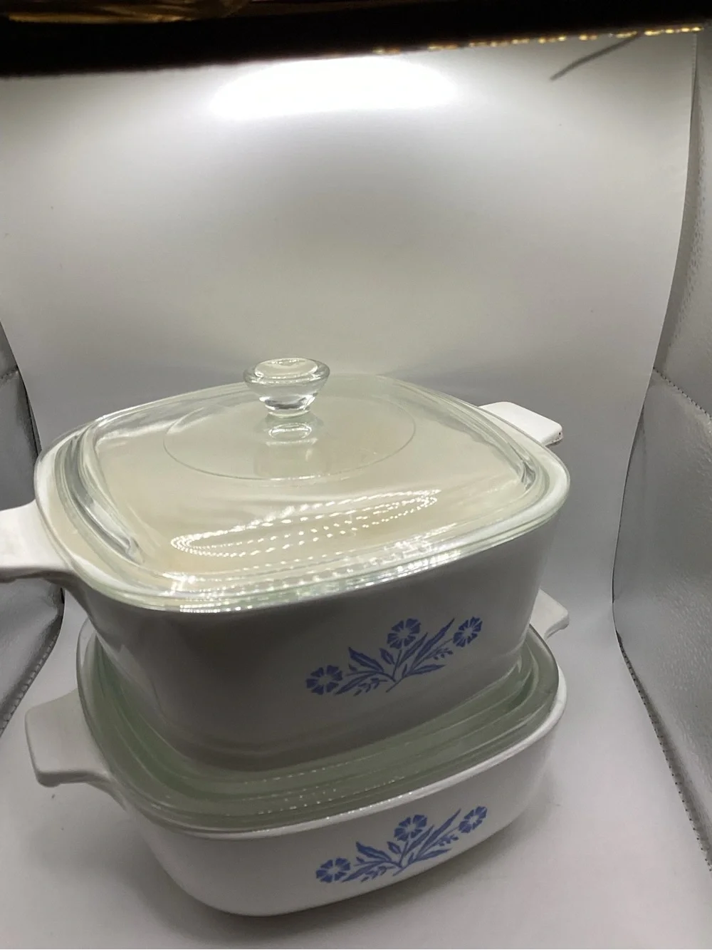 Corningware White Glass Casserole Set with Blue Cornflower Motif 1 qt & 1 3/4 qt